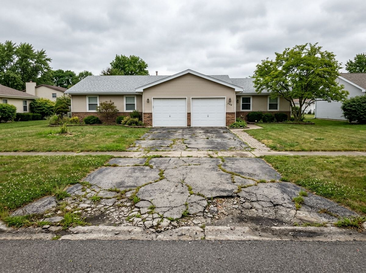 Cracked concrete driveway before replacement in Council Bluffs, IA