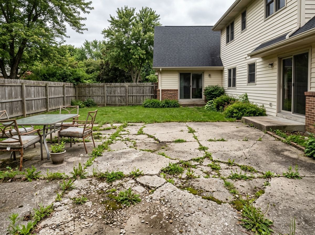 Cracked concrete patio before replacement in Council Bluffs, IA